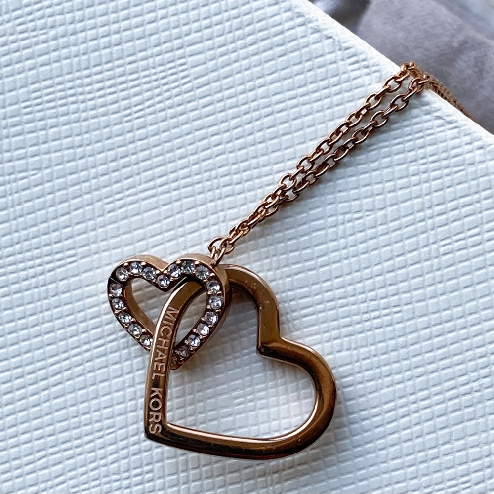 Michael Kors rose necklace with 2 linked hearts